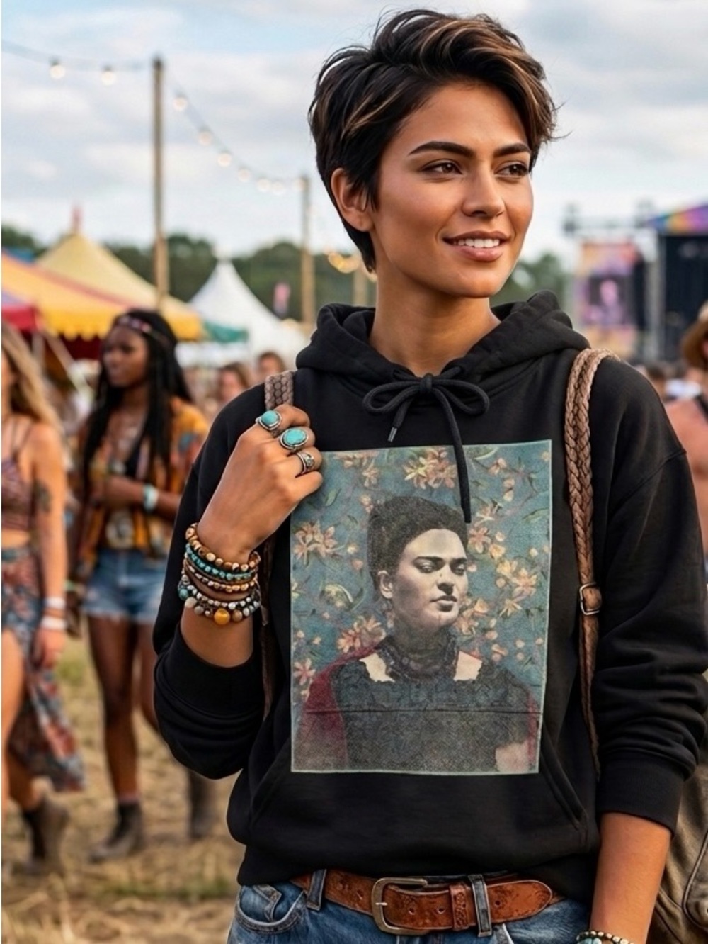 FRIDA KAHLO Floral Graphic Hoodie - Black & Red Rose Detail. Artsy Boho Festival